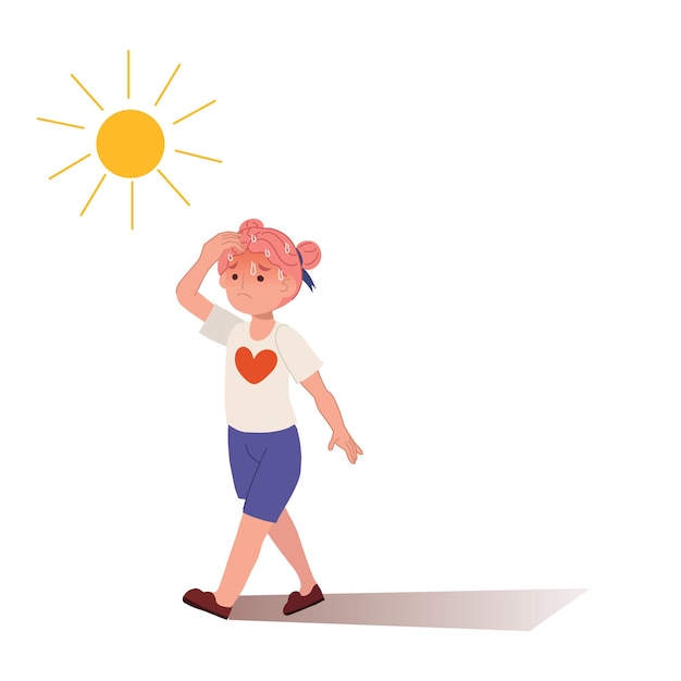 Hitteberoerte conceptzonnesteek en zonnebrand risico meisje onder brandende zon hoge temperatuur heet weerzomer