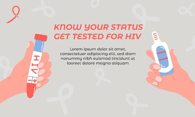 Vector hiv aids-bewustzijnsbanner ken uw status handen houden reageerbuis vast met bloed en zelftest