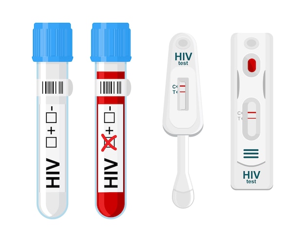 Vettore test hiv e kit di autotest con provetta per analisi del sangue da laboratorio. prevenzione dell'aids. test e diagnosi domiciliari del virus dell'immunodeficienza vari tipi di strumenti medici.