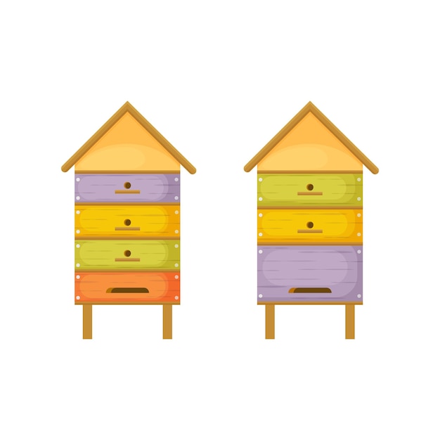 ハイブ蜂の巣箱の家の形で 2 つの木製の蜂の巣漫画のスタイルのミツバチのカラフルな蜂の巣