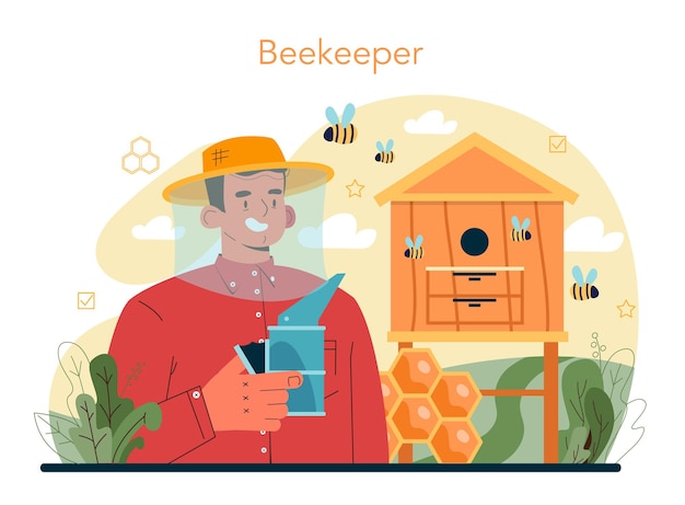 Hiver or beekeeper concept. professional farmer gathering honey. countryside organic product. apiary worker, beekeeping and honey exctraction. vector illustration