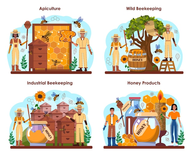 Vettore insieme di concetti di hiver o apicoltore. agricoltore dell'apicoltura che raccoglie miele prodotto biologico di campagna. operaio apiario, apicoltura e smielatura. illustrazione vettoriale piatta