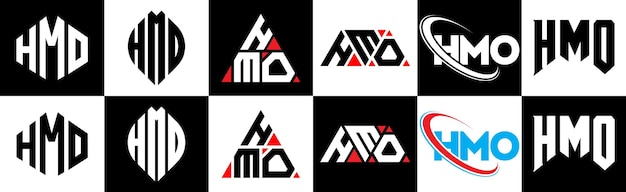 6 つのスタイルの HMO 文字ロゴ デザイン HMO ポリゴン サークル トライアングル 六角形のフラットでシンプルなスタイルで、黒と白のカラー バリエーションの文字ロゴが 1 つのアートボードに設定されています HMO ミニマリストとクラシックなロゴ