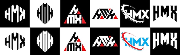 HMX letter logo design in six style HMX polygon circle triangle hexagon flat and simple style with black and white color variation letter logo set in one artboard HMX minimalist and classic logo