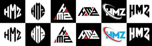 HMZ letterlogo-ontwerp in zes stijlen HMZ veelhoek cirkel driehoek zeshoek platte en eenvoudige stijl met zwart-witte kleurvariatie letterlogo in één tekengebied HMZ minimalistisch en klassiek logo