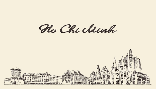 Ho Chi Minh skyline, Vietnam, hand getrokken vectorillustratie, schets