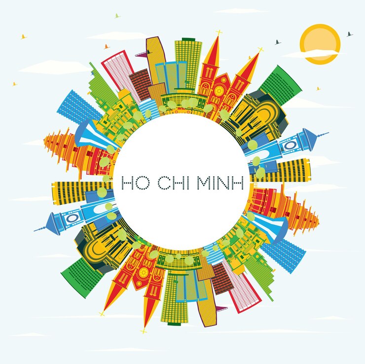 Vector ho chi minh skyline with color buildings, blue sky and copy space. vector illustration. business travel and tourism concept with modern buildings. ho chi minh vietnam cityscape with landmarks.