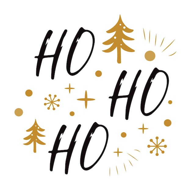 Ho ho ho cute christmas sign with golden christmas tree snow snowflakes isolated on white card in scandinavian style vector illustration phrase for banner invitation congratulation
