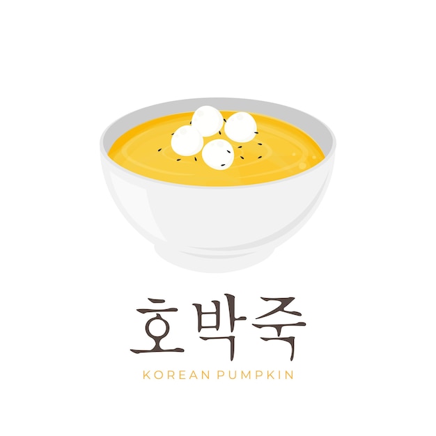 Logo dell'illustrazione del porridge di zucca coreano di hobakjuk con guarnizione della torta di riso in una ciotola