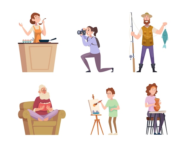 Hobbies Favoriete activiteiten voor personen mensen die tekenen lezen exacte vectorillustraties in cartoon stijl