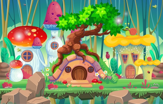 Vettore casa hobbit con vecchio albero ramoso nel bosco e casa funghi abitazione fatata con bosco tondo