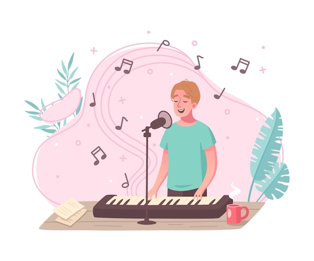 Vector hobby cartoon composition with young man singing while playing electronic piano