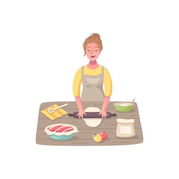 Vector hobby cartoon samenstelling met vrouwelijk personage koken met keukengerei