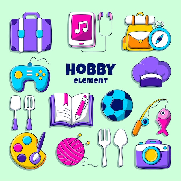 Set di elementi hobby con contorno disegnato a mano colorato in stile doodle