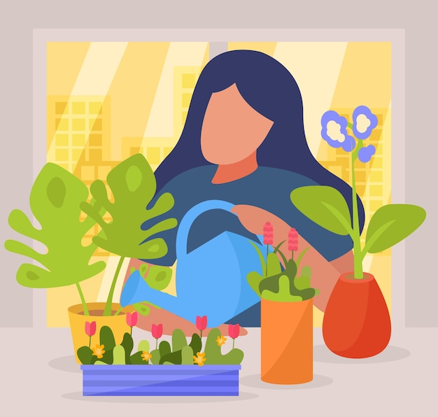 Hobby flat people composition with faceless character of woman watering flowers in pots on window sill