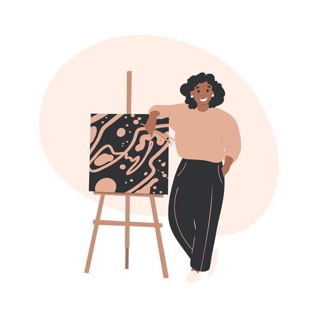 Hobby, painting, art studio, art classes, workshop concept, Black woman artist stands near the easel