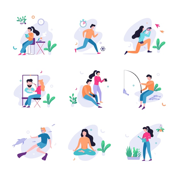 Vector hobby set. collection of people and creative activity