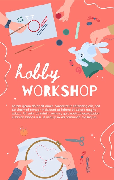 Hobby workshop poster of banner voor sociale media platte vectorillustratie