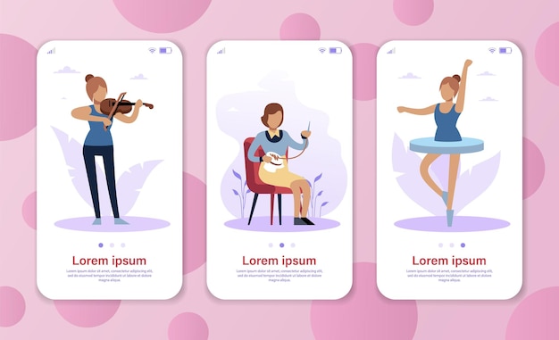 Hobbymeisjes. Prestatiecarrièreconcept voor mobiele app, website of webpagina, smartphonescherm. Meisje speelt viool, vrouw borduurt en danseressen ballet. Cartoon platte vector set