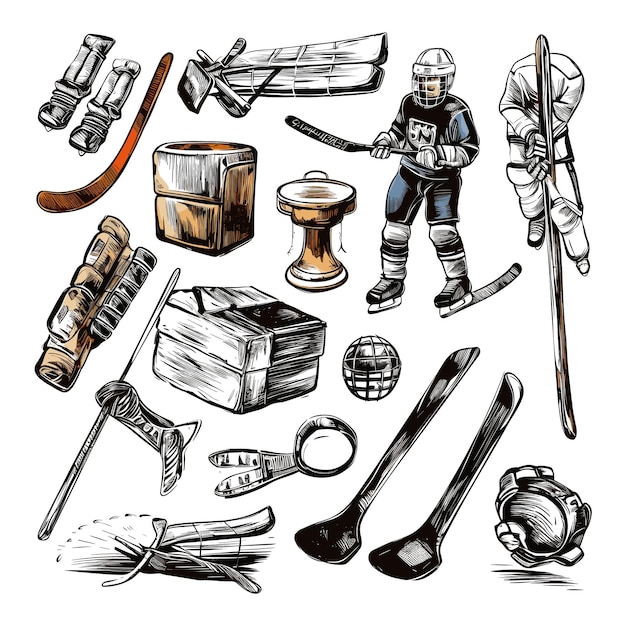 Hockey elements set vector illustration