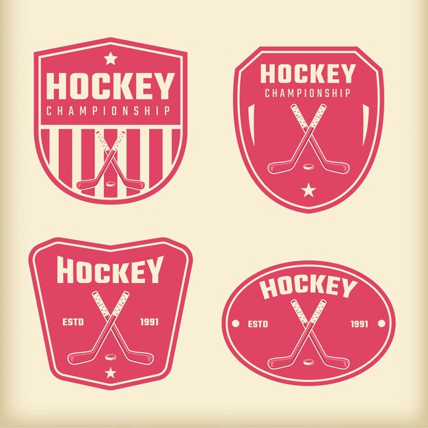 Emblema dell'hockey con logo scudo vintage e badge su sfondo beige