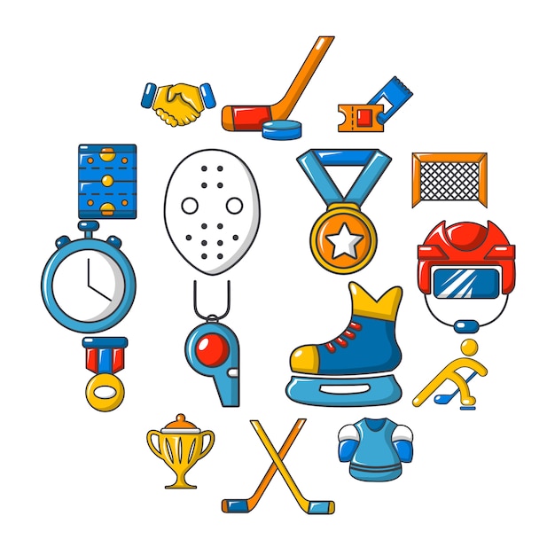 Hockey icon set, cartoon stijl