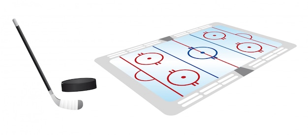 Hockey pitch perspective with hockey puck and stick vector