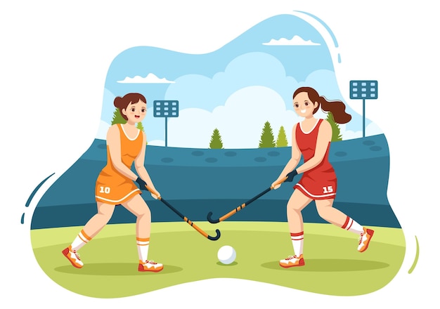 Sport del giocatore di hockey con bastone e pattini sul campo verde per il gioco nell'illustrazione piana del fumetto