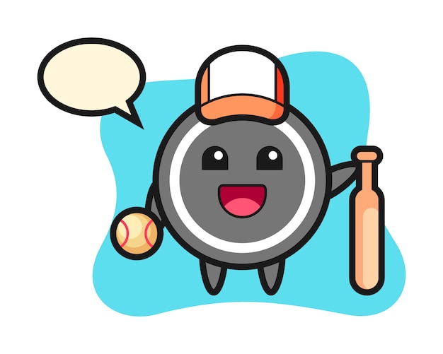 Hockey puck cartoon as a baseball player