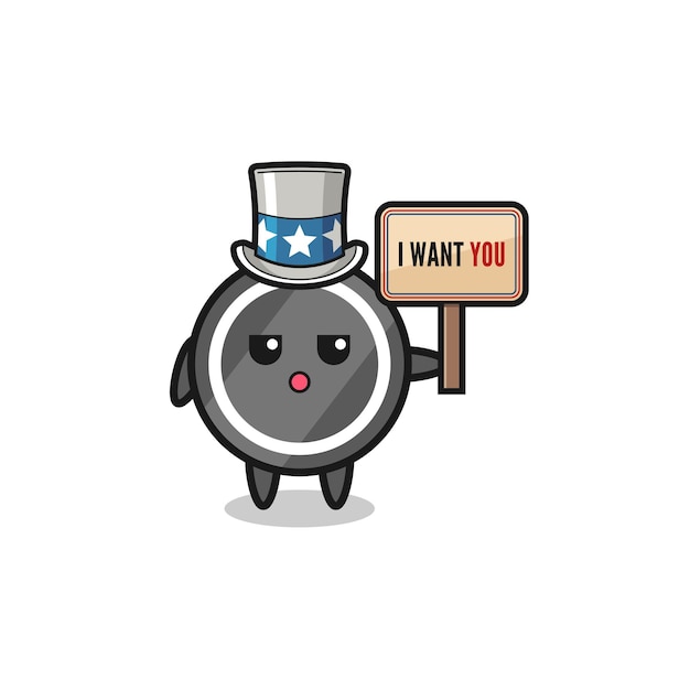 Hockey puck cartoon as uncle Sam holding the banner I want you , cute design