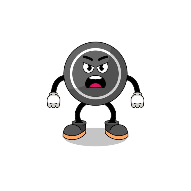 Hockey puck cartoon illustration with angry expression character design