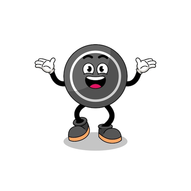 Hockey puck cartoon searching with happy gesture character design