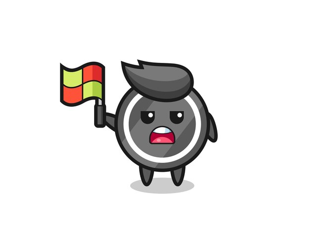 Hockey puck character as line judge putting the flag up