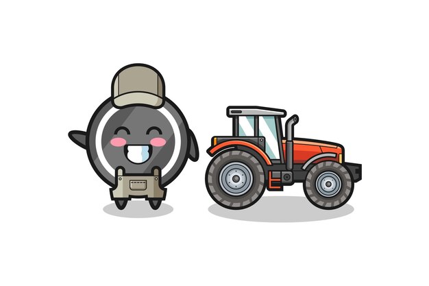 The hockey puck farmer mascot standing beside a tractor cute design