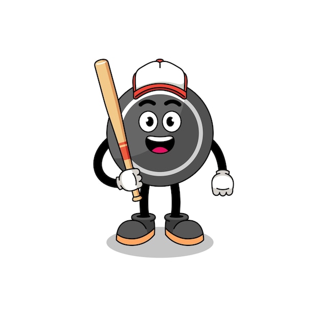 Hockey puck mascot cartoon as a baseball player character design