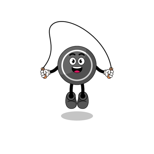 Hockey puck mascot cartoon is playing skipping rope character design