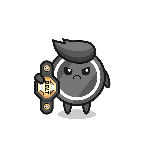 Hockey puck mascot character as a MMA fighter with the champion belt