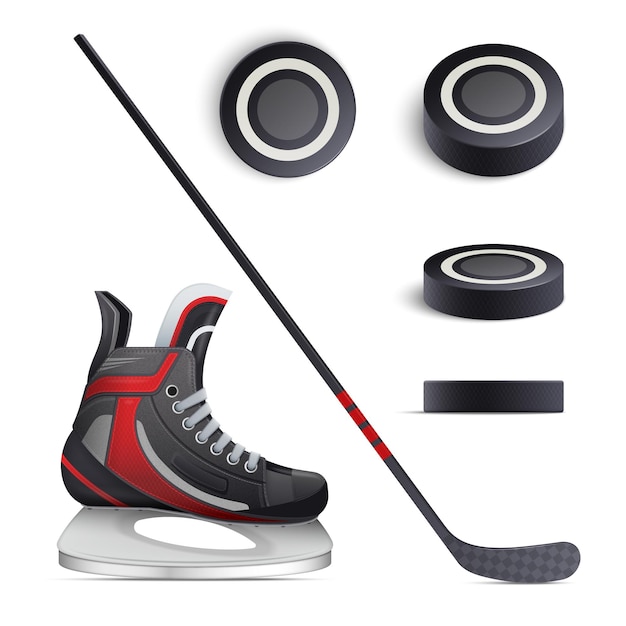 Vector hockey set with realistic skate stick top and side views of puck isolated vector illustration