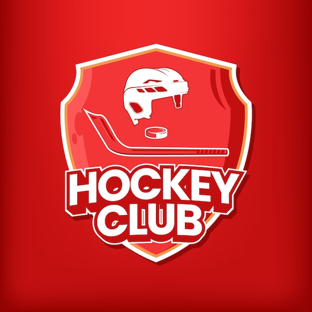 Hockeyclubembleem met stokhelm en schild op donkerrode achtergrond