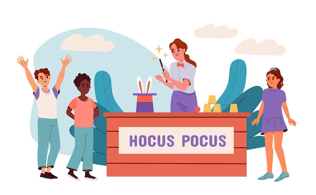 Vector hocus pocus vrouw jong meisje met hoed en konijn uitvoeren betwwen kinderen illusionist met magische toverstok