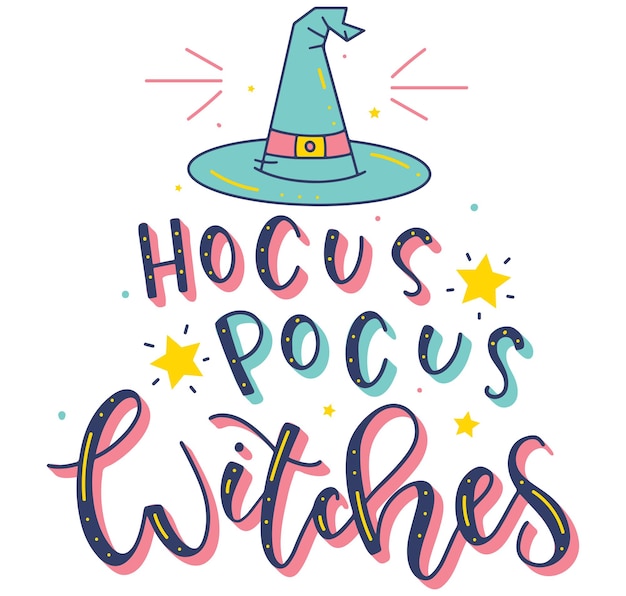 Hocus Pocus Witches 여러 가지 빛깔의 글자와 마법사 모자