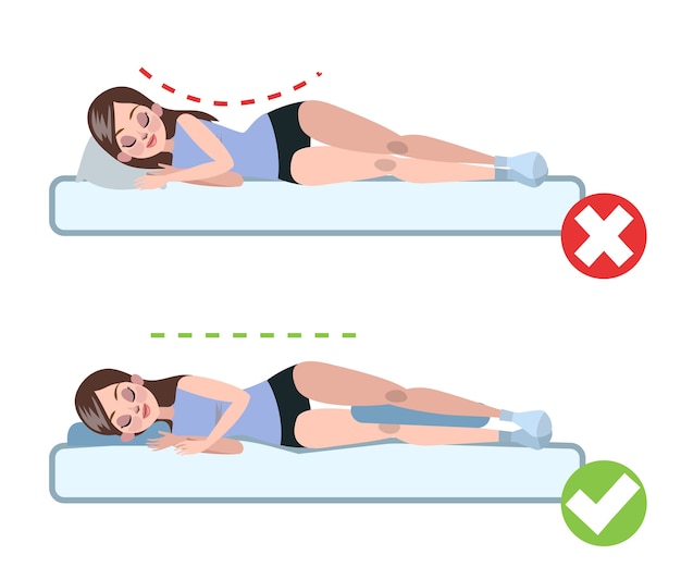 Hoe de houding te corrigeren infographic. onjuiste houding en rugpijn. verkeerde en juiste lichaamshouding tijdens het slapen. illustratie