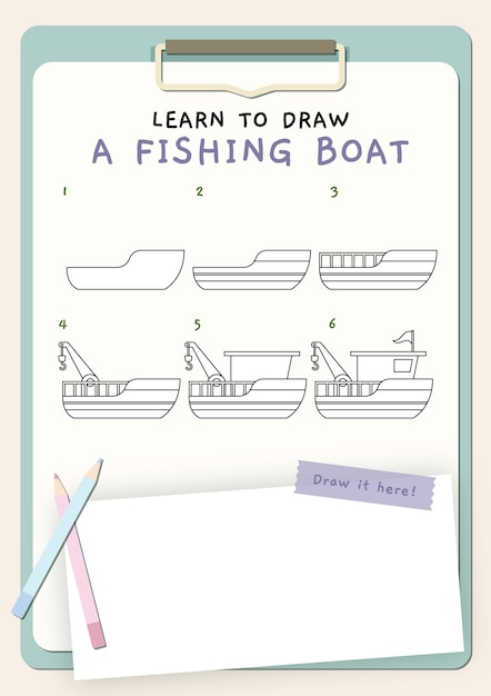 Hoe een vissersboot te tekenen. tekenstappen voor kinderen. leer tekenen. afdrukbaar voor kinderen