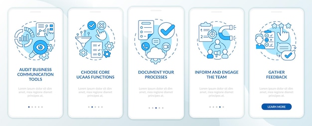 Hoe over te stappen naar UCaaS blauw onboarding mobiel app-scherm Netwerkopbouw 5 stappen grafische instructiepagina's met lineaire concepten UI UX GUI-sjabloon Myriad ProBold Regelmatige gebruikte lettertypen