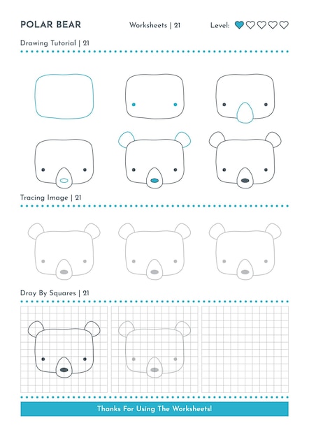 Vector hoe te tekenen doodle animal polar bear cartoon character stap voor stap tekenen tutorial activiteit werkbladen voor kinderen