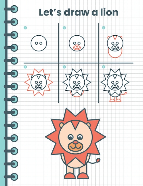 Hoe teken je een leeuw voor kinderen. eenvoudige tekenstappen voor kinderen. dierlijke vectorillustratie. platte dieren