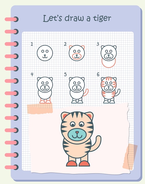 Hoe teken je een tijger voor kinderen. eenvoudige tekenstappen voor kinderen. platte dierlijke vectorillustratie.