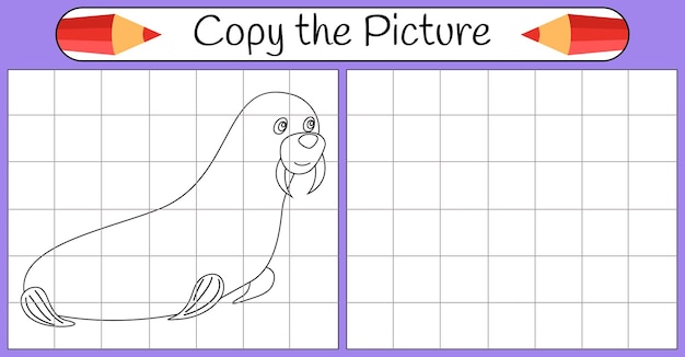 Hoe teken je een walrus stap voor stap gebruik raster leren tekenen tekenen tutorial les voor kinderen kleurplaat voor boek educatieve kunstpagina voor kinderen vector illustratie