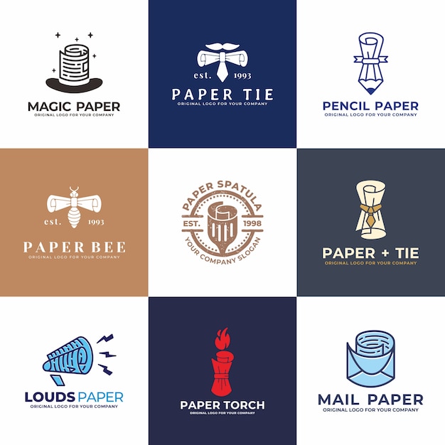 Hoed, papier, potlood, mail, spreker, stropdas logo design collectie.