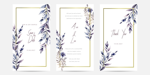 Hoek van paarse eucalyptus bloemenarrangement op bruiloftsuitnodiging achtergrond Rustic bruiloftskaart